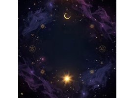 Spirituelt bestsellerbillede med m�rk baggrund, gl�dende lys, stjerner, m�ne og krystaller med magiske symboler