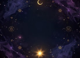 Spirituelt bestsellerbillede med mrk baggrund, gldende lys, stjerner, mne og krystaller med magiske symboler