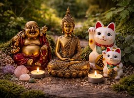 Spirituelle figurer med Buddha og Maneki Neko lykkekatte i rolig og harmonisk ops�tning