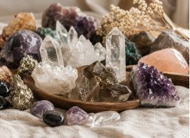 Naturlige krystaller og mineraler med ametyst, bjergkrystal og r�gkvarts i rolig og harmonisk opstilling.