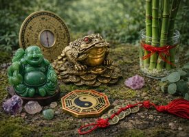 Feng shui produkter med bambus, m�nter og heldsymboler i roligt naturmilj�
