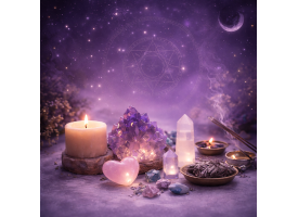 Spirituelt stemningsbillede med rolig lilla baggrund, krystaller og blidt lys