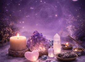 Spirituelt stemningsbillede med rolig lilla baggrund, krystaller og blidt lys