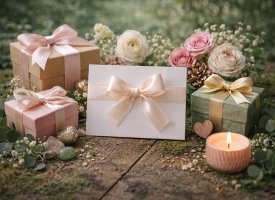 Gavekort med gave�sker og blomster i naturlige omgivelser til velv�re og spirituelle gaver