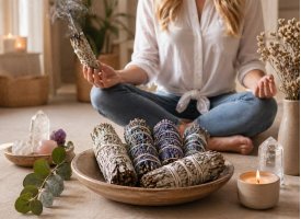 Hvid og bl� salvie bundter til smudging og energirensning med krystaller og stearinlys