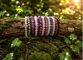 Krystalarmb�nd med ametyst, rosenkvarts, bjergkrystal og natursten arrangeret p� mosbegroet tr�stamme i naturligt skovmilj�.