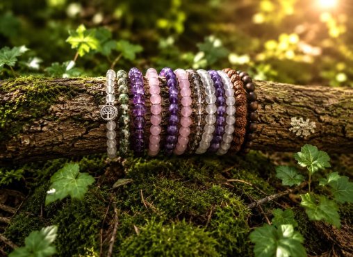 Krystalarmb�nd med ametyst, rosenkvarts, bjergkrystal og natursten arrangeret p� mosbegroet tr�stamme i naturligt skovmilj�.