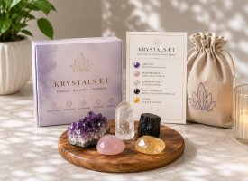 Dekorativt krystals�t med �gte krystaller, stofpose og spirituel energi til balance og harmoni
