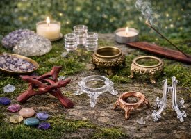 Stativ og tilbeh�r til krystalkugler i tr� og metal i roligt naturmilj�