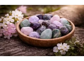 Polerede lommesten i rosa, lilla og gr�nne nuancer i en tr�sk�l placeret i naturlige omgivelser med blomster og tr�baggrund