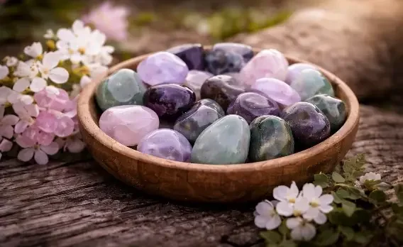 Polerede lommesten i rosa, lilla og gr�nne nuancer i en tr�sk�l placeret i naturlige omgivelser med blomster og tr�baggrund