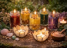 Lys og stager med spelllys og fyrfadsstager omgivet af krystaller i naturlige omgivelser