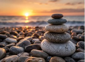 Sten i balance ved stranden i solnedgang &ndash; roligt og harmonisk billede til m�nedens kup.