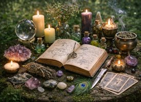 Spirituelle ritual redskaber med krystaller og tarot i roligt naturmilj�