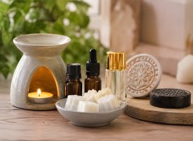 Duftvoks, duftolier og aromalampe samlet i en rolig og stemningsfuld opstilling.