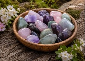 Naturlige sten og krystaller i tr�sk�l med ametyst, rosenkvarts og gr�n aventurin i �gte og harmonisk naturmilj�.