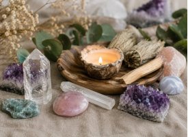 Nye krystaller og spirituelle produkter med ametyst, salvie, selenit og rosenkvarts i varm stemning