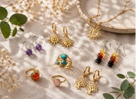 �reringe og ringe med spirituelle symboler, turkis sten og gyldne detaljer i naturlig og elegant boheme stemning.