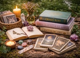 Orakelkort, tarotkort og spirituelle b�ger med krystaller i naturlige omgivelser