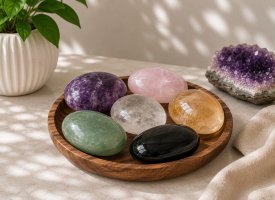 Store polerede palmstones og h�ndsten i �gte krystaller som ametyst, rosenkvarts og bjergkrystal