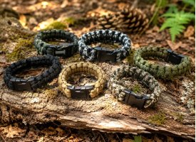 Paracord armb�nd i forskellige farver og m�nstre arrangeret p� tr� i naturligt udend�rsmilj� med skovstemning.