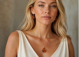Kvinde med rav halsk�de og rav �reringe i varme gyldne nuancer &ndash; elegant ravsmykke med naturlig gl�d.