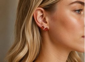 N�rbillede af rav �reringe p� kvinde med blonde h�r og naturligt look &ndash; klassiske rav studs i varme farver.