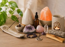 Stemningsbillede med udvalgte produkter til r�gelse, smudging, duftolier og afslapning.