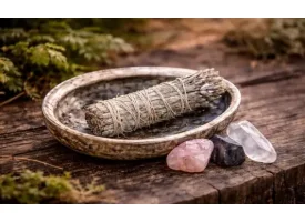 Bl� salvie bundt i abeloneskal med r� rosenkvarts, shungit og bjergkrystal i naturlige omgivelser