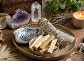Smudging kit med palo santo, salvie, krystaller og abalone sk�l til renselse og energi