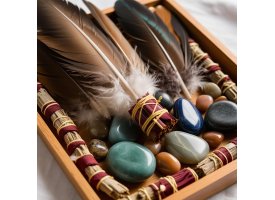et billede af smudging kit med fjer og krystaller placeret p� en bakke