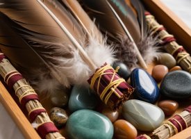 et billede af smudging kit med fjer og krystaller placeret p en bakke