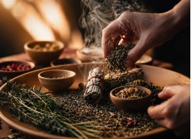 Smudging ritual med t�rrede urter og salvie til renselse og spirituel energi