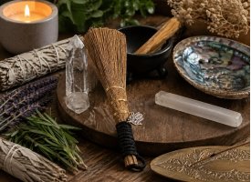 Smudging tilbeh�r med kost, abalone sk�l, krystaller og salvie til renselse og spirituel energi