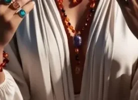 en kvinde der brer smykker om halsen