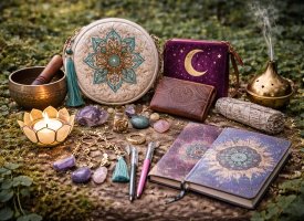 Diverse spirituelle produkter som tasker, punge, notesb�ger og tilbeh�r i naturlige omgivelser