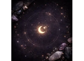 M�rkt astrologisk billede med stjernehimmel, m�ne og krystaller &ndash; stemningsbillede til stjernetegn og krystals�t