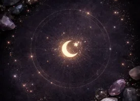 M�rkt astrologisk billede med stjernehimmel, m�ne og krystaller &ndash; stemningsbillede til stjernetegn og krystals�t