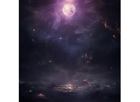 Spirituelt tilbudsbillede med m�rk baggrund, stjerner, m�ne og gl�dende lys med krystaller og magiske symboler.