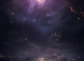 Spirituelt tilbudsbillede med mrk baggrund, stjerner, mne og gldende lys med krystaller og magiske symboler.