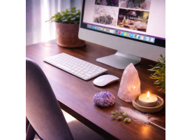 Roligt stemningsbillede af arbejdsplads med krystaller og bl�dt naturligt lys