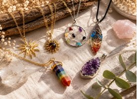 Vedh�ng og halsk�der med spirituelle symboler, solmotiv og krystalsten i naturlig og lys boheme stemning.