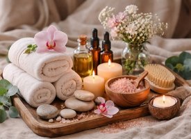 Wellness og spa produkter med olier, salt og stearinlys i naturlige omgivelser