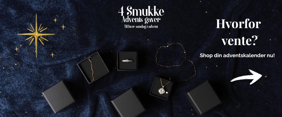 Billede af et banner der viser man kan købe 4 smukke adventsgaver i form af smykker ved at klikke på billedet