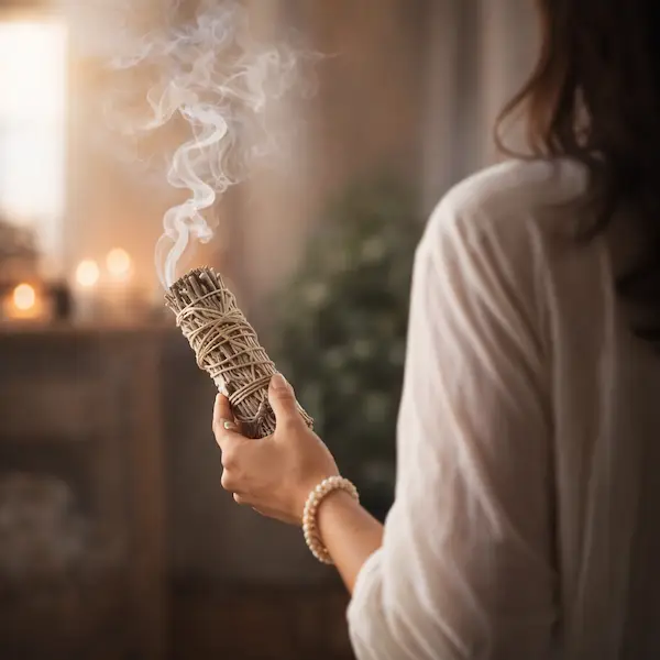 Person renser rum med hvid salvie smudging ritual og r&oslash;g skaber rolig og spirituel stemning