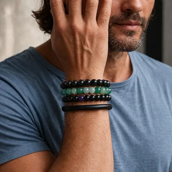 Krystal armb&aring;nd til m&aelig;nd med sort turmalin, ametyst og gr&oslash;n aventurin p&aring; h&aring;ndled