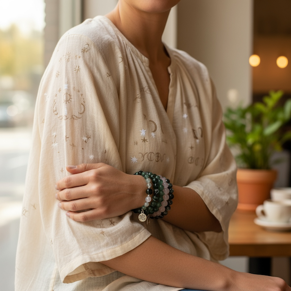 kvinde der fremviser sine krystalarmbånd