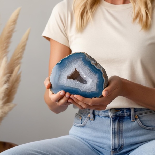 kvinde der fremviser en agat geode i hånden