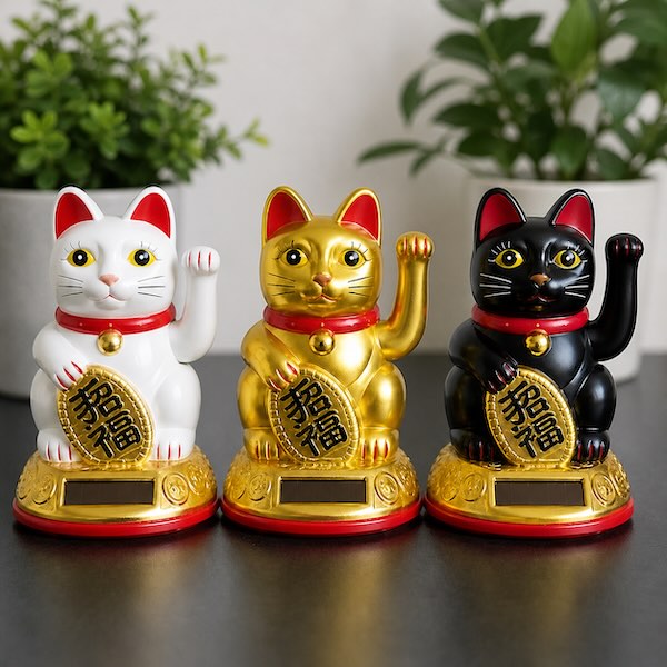 3 lykkekatte maneki neko i hvid guld og sort til held velstand og beskyttelse