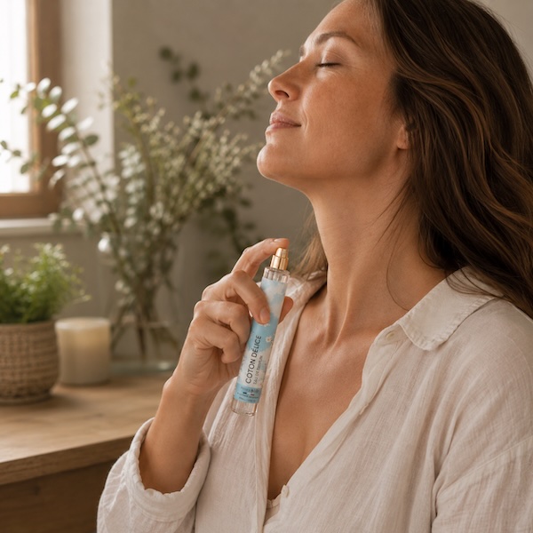Kvinde p&aring;f&oslash;rer naturlig parfume og &oslash;kologisk parfume Coton D&eacute;lice p&aring; halsen i roligt og sanseligt milj&oslash; med bl&oslash;de, feminine og friske duftnoter fra Born to Bio hos Gaia Sten & Krystaller